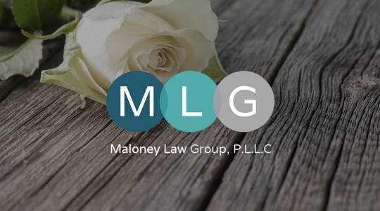 white rose laid out on wooden table with Maloney Law Group Logo
